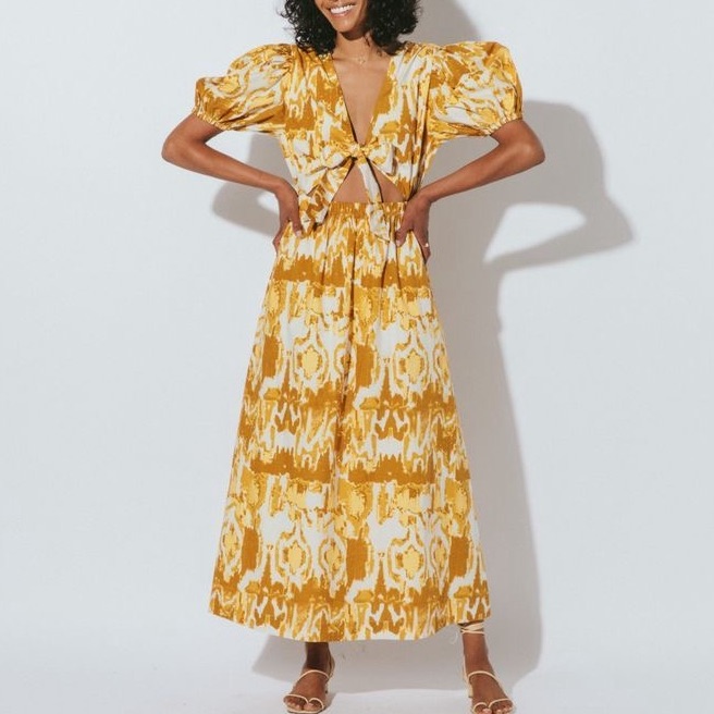 Nwt Cleobella Sadie Ankle Dress / Yellow Watercolor Ikat Print / Size Small